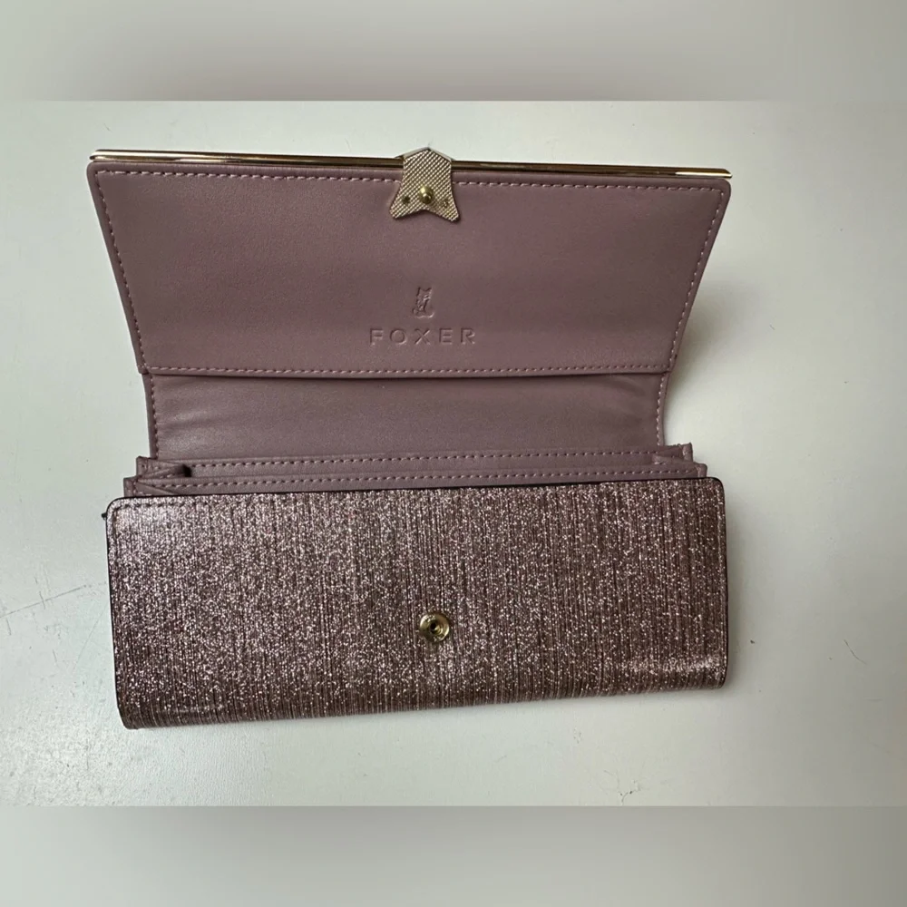 FOXER Pink‎ Cowhide Shiny Vinyl Glittery Bifold Gold Hardware Wallet *LikeNew* - Picture 12 of 16